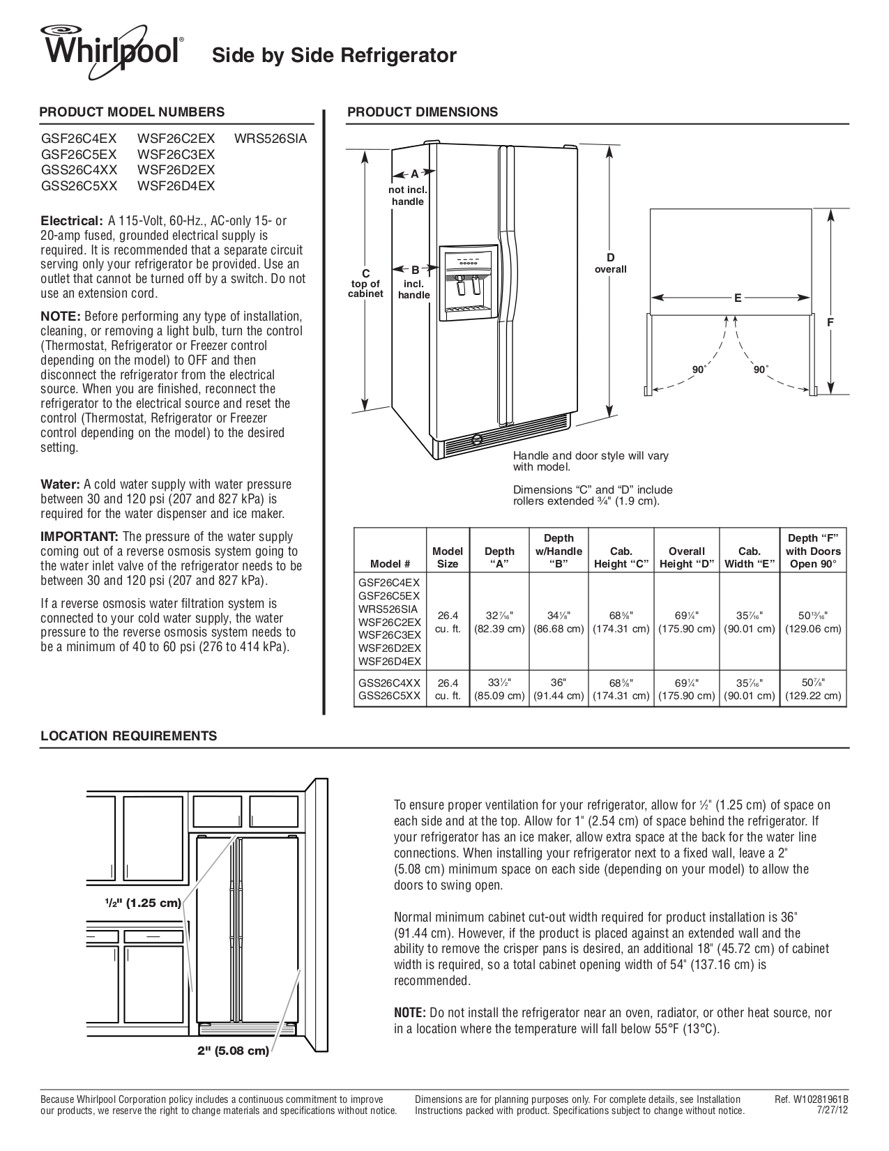 Download free pdf for Whirlpool WSF26D4EX Refrigerator manual